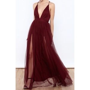 Luxxel Burgundy Tulle Plunge Maxi Formal Dress